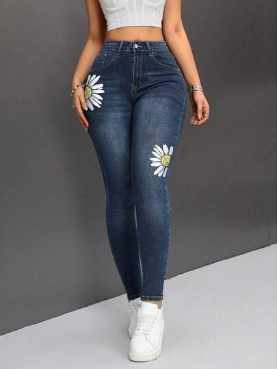 SHEIN PETITE Women's Sunflower Pattern Pocket Skinny Casual Jeans