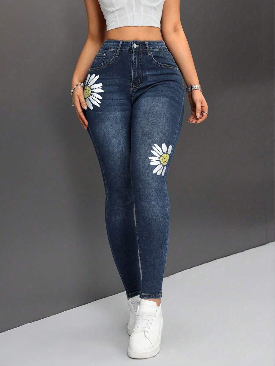 SHEIN PETITE Women's Sunflower Pattern Pocket Skinny Casual Jeans - Dark Wash - View 1