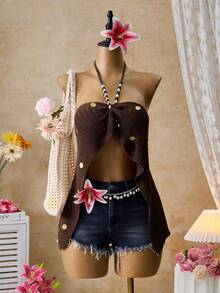 Femesol Women's Solid Color Sequin Beaded Halter Backless Sexy Versatile Date Night Knit Top - Brown - View 5