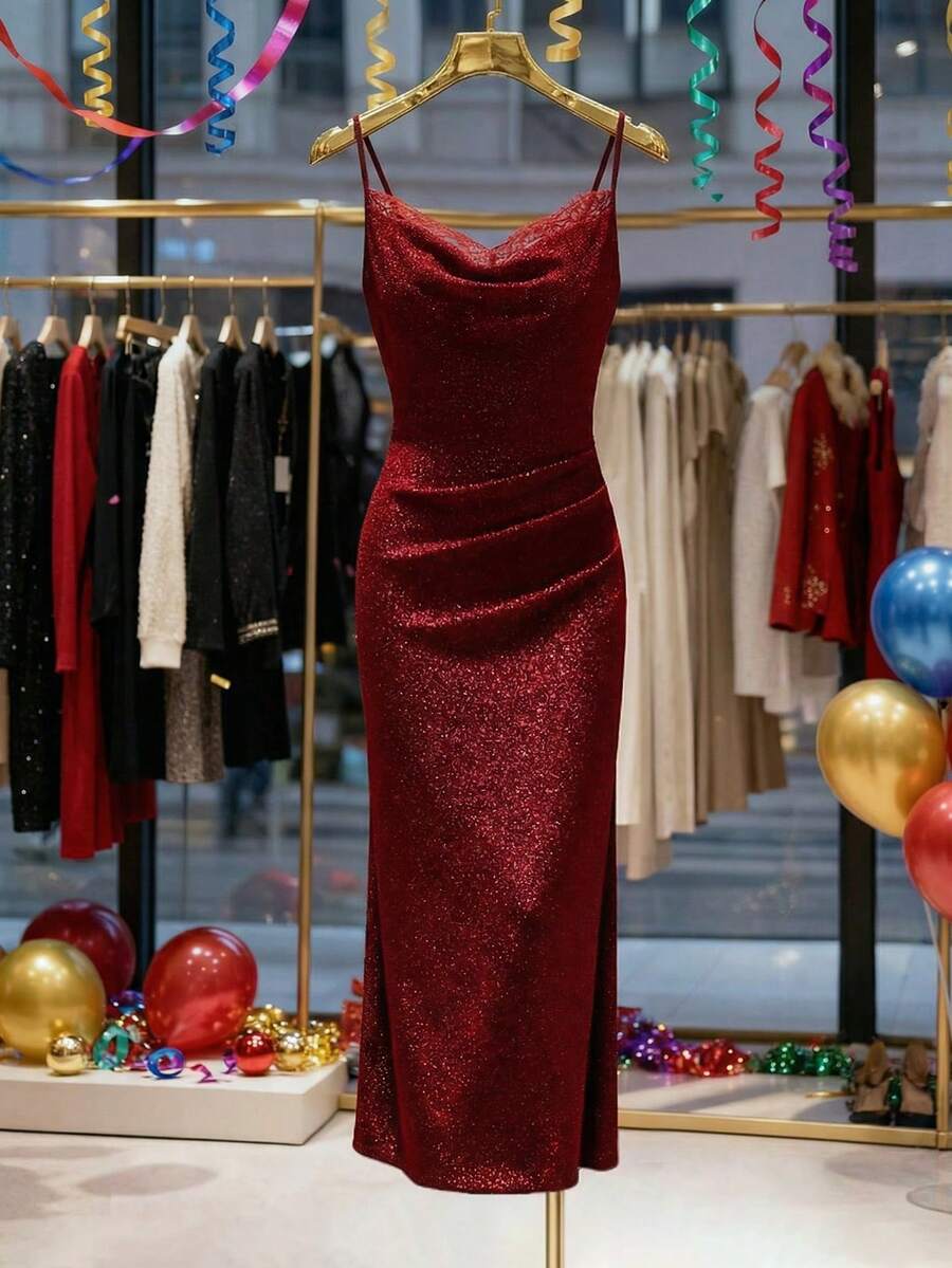 Franclia Women's Dark Red Shimmering Elegant Party Dress For Summer,Lace Halter Neck Backless Evening Gown,Sleeveless Wedding Guest Bridesmaid Graduation Dress - Bright Red - View 1