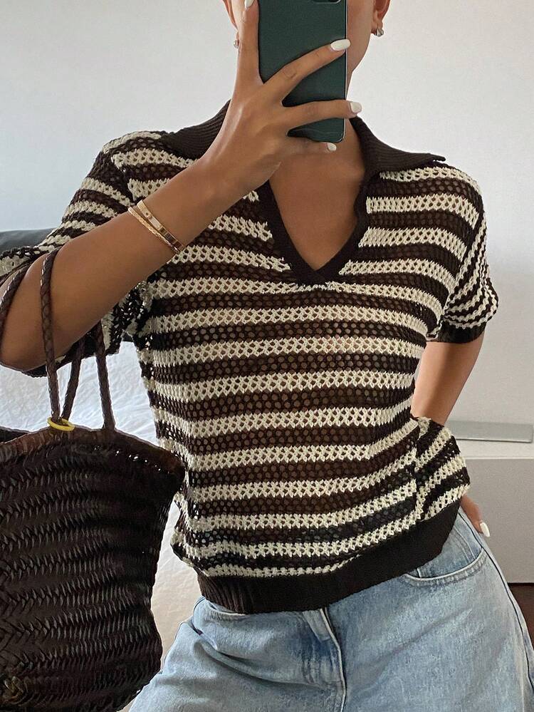Contrast Collar Striped Short Sleeve Casual Vacation Knit Top For Women, Summer