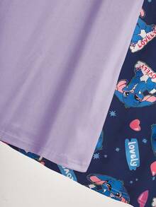 Girls'2-Piece Set Cute Purple Rabbit Print Nightgown,Navy Blue Allover Bunny Pattern Short Sleeve Long Sleep Dress,Summer Comfortable Home Wear - Purple - View 6