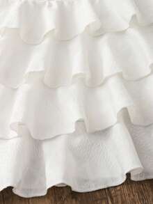 女童（小号）杏色纹理面料连衣裙，带领子、多层荷叶边下摆和蝴蝶结设计 - 杏色 - 查看 3