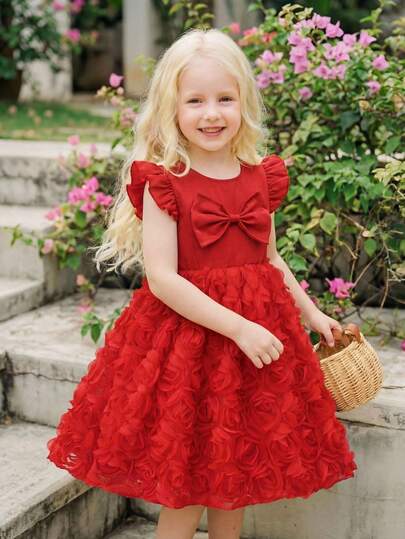 Glamorique Kids Young Girl' Wine Red Round Neck Dress With 3D Bow Decor, Flutter Sleeves, Fluffy Rose Tulle Skirt, Sweet & Elegant, Suitable For Banquet Occasions Elegant Red Summer Dress For Girls Girls Red Dress With Bow Red Spring Dress For Teens Red Flower Girl Dress