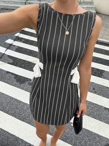 Women's Striped Print Bow Decor Elegant Sleeveless Mini Dress,Summer Dresses For Women - Grey - View 3