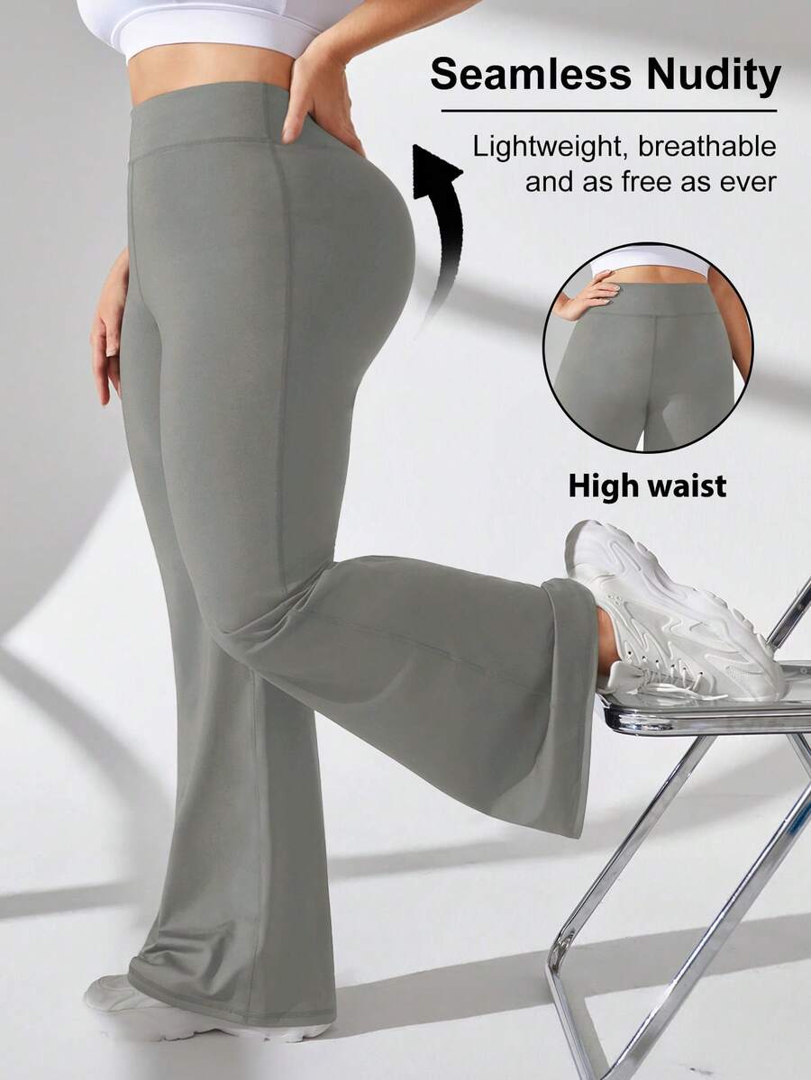SHEIN Rhythm Era Plus Size Solid Color High Waist Flare Leg Sweatpants - Grey - View 1