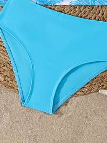 Tween Girl Coconut Tree Print Hollow Out Tankini And Triangle Panty Swimsuit Set - Blue - View 6