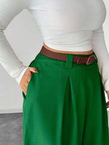 Elenzga Pantalones para mujer de talla grande, unicolor albaricoque, estilo elegante, de moda para ir al trabajo y la oficina - Verde - Ver 6