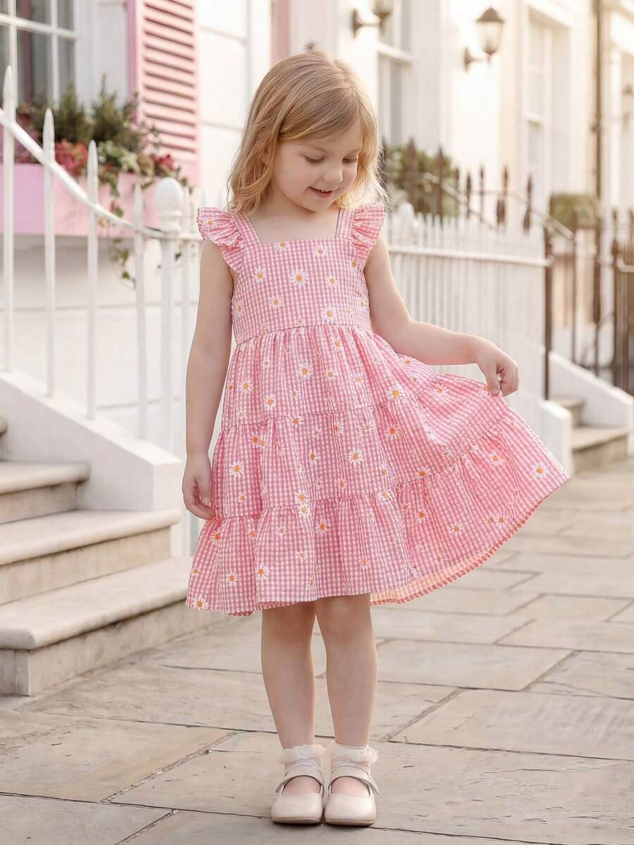 4-7 Years Old Girls' Summer Daisy Print Bubble Gingham Dress, A-Line Silhouette, Suitable For Vacation