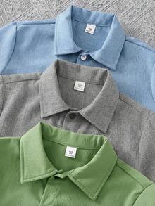 3件套青少年男童宽松休闲百搭立领贴布编织短袖衬衫套装，适合上学、聚会、派对和郊游等场合。 - 彩色 - 查看 4