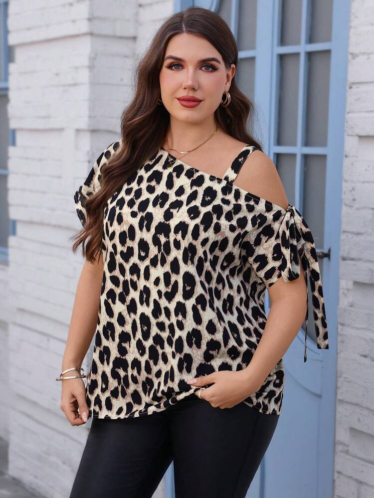 Plus Size Casual Leopard Print Asymmetric Collar Shirt