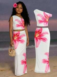 SHEIN Tween Girls' Summer Casual Vacation Floral Print Asymmetric Ruched Fitted Two Pieces Set, Vacation Outfit, Vacation Girls 2 Piece, Skirt Two Piece Set Girls, Sets 2 Piece Summer - White - View 1