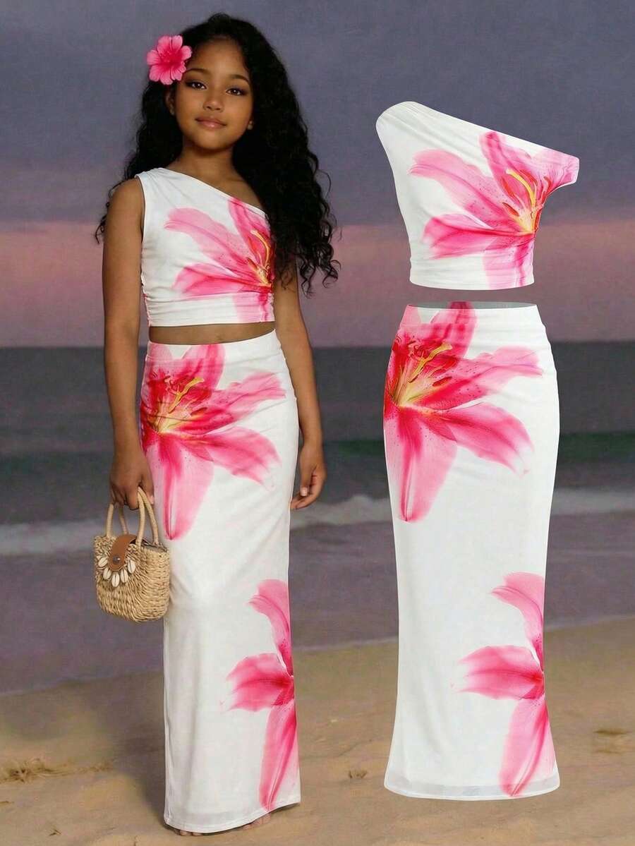 SHEIN Tween Girls' Summer Casual Vacation Floral Print Asymmetric Ruched Fitted Two Pieces Set, Vacation Outfit, Vacation Girls 2 Piece, Skirt Two Piece Set Girls, Sets 2 Piece Summer - White - View 1