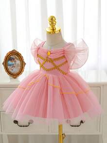 SHEIN Glamorique Kids 女婴公主裙，粉色网纱无袖连衣裙，饰有宝石和金色丝带，可爱针织连衣裙，适合生日派对、婚礼、节日等场合，四季皆宜。 - 淺粉色 - 查看 3