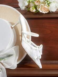 CUCCOO HITCHD Zapatos de mujer nuevos para primavera y verano con lazo de encaje, tacón de 6,5 cm, zapatos de tacón fino y elegante, puntiagudos, de malla blanca, para uso diario y citas de mujer - Blanco - Ver 6