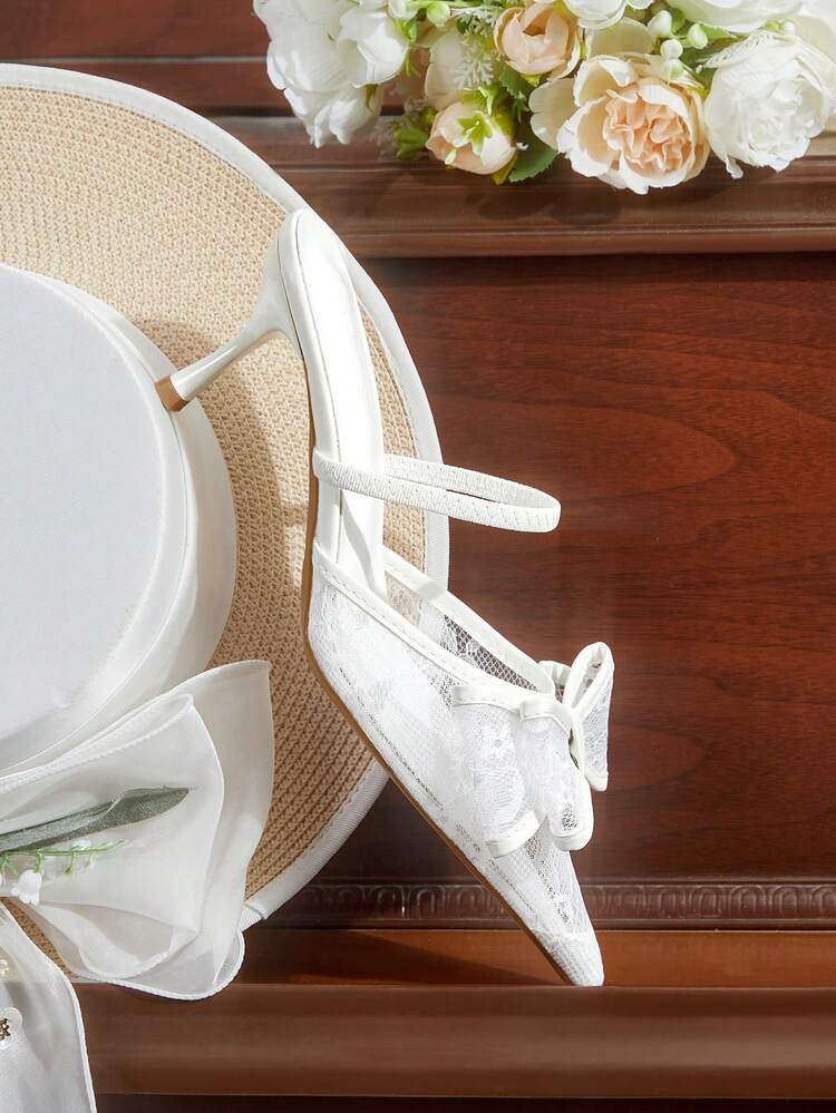 CUCCOO HITCHD Women Shoes Spring And Summer New Lace Bow 6.5cm Women's High Heel Shoes Pointed Thin Heel Elegant White Mesh Daily Dating Women's High Heel Sandals Summer Shoes Wedding Shoes Bride Shoes