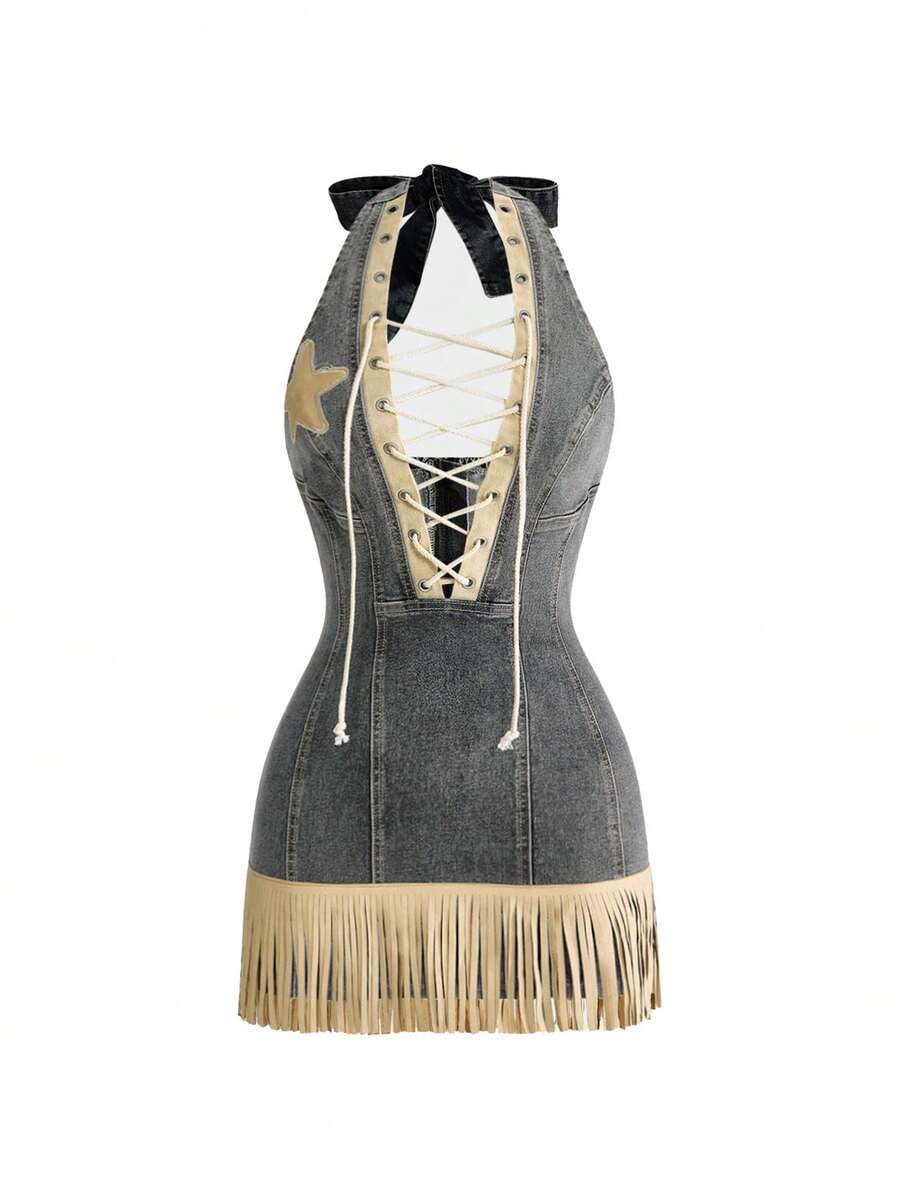 ROMWE Hippie Đầm denim cao bồi gợi cảm cho lễ hội âm nhạc và kỳ nghỉ - Màu xanh lam - Xem 1