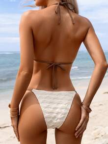 Swim Mod Halter Neck Plain Mesh Bikini Set, Hollow-Out Fabric Paired With Solid Color, Decorated With Accessory At Front - Apricot - View 4