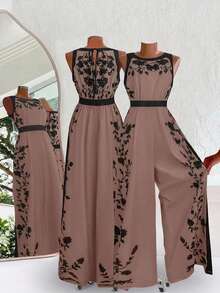 SHEIN Clasi 女士优雅露背连体裤，宽松撞色印花度假连体裤 - 珊瑚粉 - 查看 2