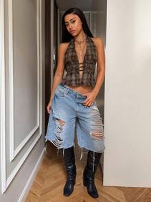 SHEIN HypeZone 街头风女装夏季做旧格子缎带铆钉镂空露背系带无袖衬衫 - 棕色 - 查看 1