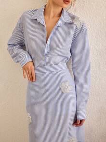 CasuGlow Women's Striped Single-Breasted Long Sleeve Top And Floral Decor A-Line Skirt Suit, Fashionable For Commuting And Outings - Blue and White - View 6
