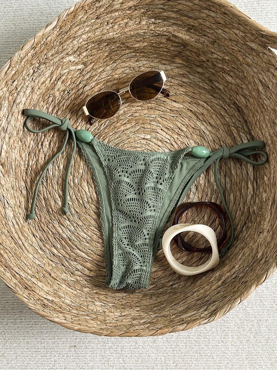 Swim Vcay Women's Jacquard Fabric Side Tie Beaded Bikini Bottom - Army Green - View 1