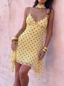 Aloruh 女士性感豹纹吊带迷你连衣裙，夏季 - 淡黃色 - 查看 5