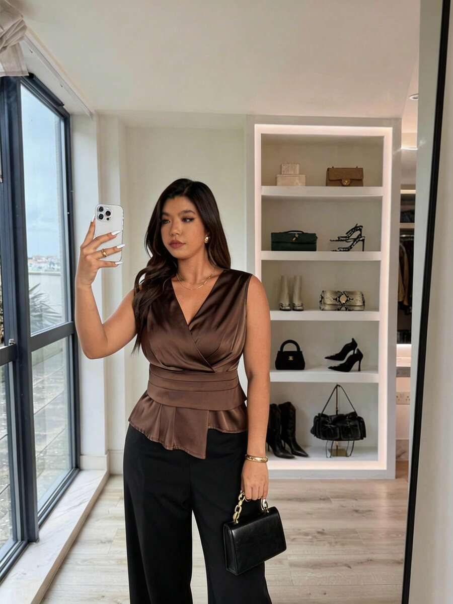 Firerie Plus Size Elegant Casual Sleeveless V-Neck Satin Irregular Hem Fitted Blouse, Suitable For Spring, Summer, Autumn And Winter, Versatile For Daily Commute, Summer Tops - Brown - View 1