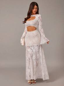 Radiana Đầm ren trắng dáng đuôi cá gợi cảm, thanh lịch, lãng mạn dành cho nữ, đầm ren co giãn cao cấp, đầm dạ hội trắng, đầm dài, đầm hẹn hò, đầm đi nghỉ mát, đầm dự đám cưới, đầm phù dâu, trang phục ngày lễ. - trắng - Xem 3