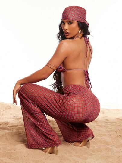 Radiana Women's Sexy Red Floral Plaid Swimsuit Set, Bikini Set With Mesh Wide-Leg Pants And Headscarf 4-Piece Set, Mesh Set, Knit Set, Swimsuit Set, Beach Outfit, Beach Pants Set, Holiday Set Cover Ups For Swimwear 2 Piece