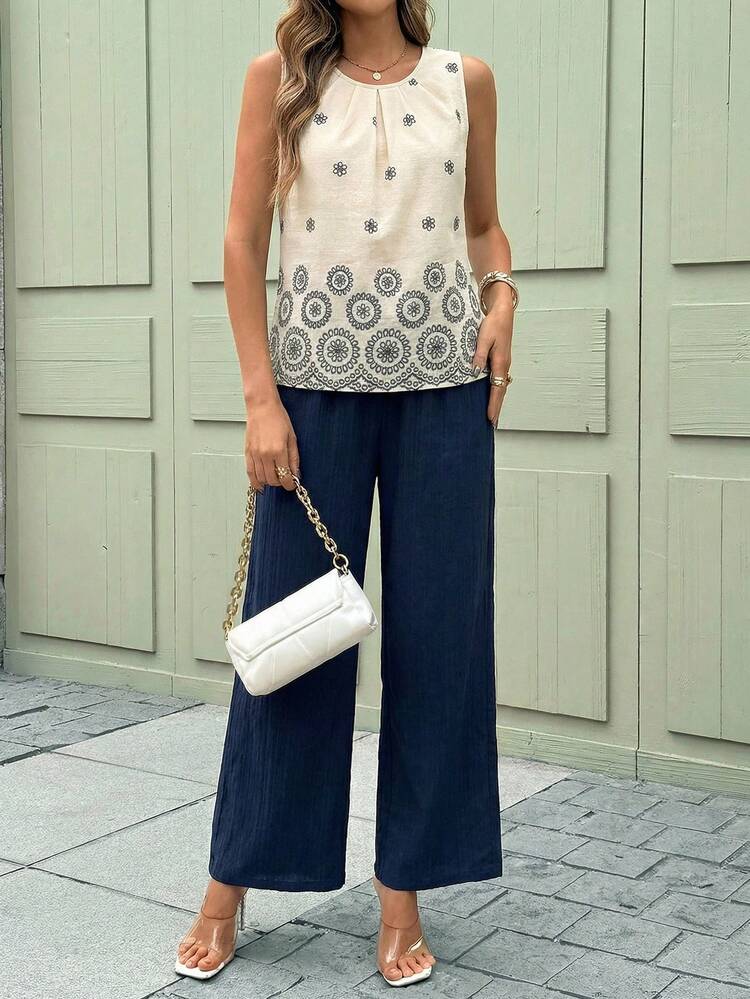 SHEIN Clasi 优雅女士纯色纹理褶皱上衣和花朵阔腿裤套装 - 藏蓝色 - 查看 9