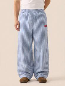 SWAVVY Men's Letter Printed Elastic Waist Loose Striped Wide Leg Pants - Blue - View 4