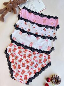 4pcs Girls' Cute Bear Print Bow Lace Contrast Color Design Panties Set - Multicolor - View 2