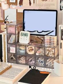 1 pièce Boîte de rangement de bureau en acrylique à 4 compartiments, grande capacité, double usage, porte-stylo, étui à lentilles de contact créatif, organisateur de tiroir pour étudiants et bureau, rangement pour cannes, marqueurs et articles de papeterie. - Transparent - Voir 2