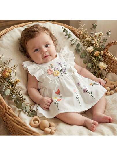 Loomiva Newborn Baby Girl Woven Floral Pattern Round Neck Ruffle Hem Casual Dress