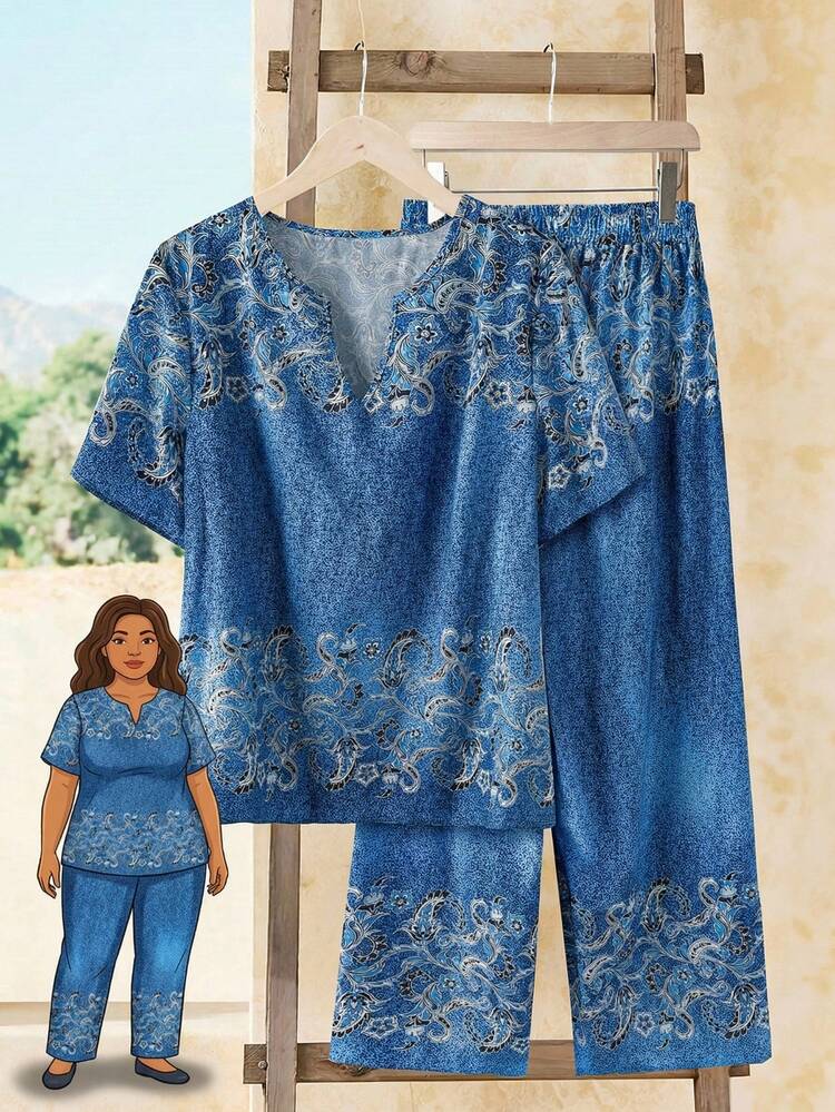 Plus Size Women Casual Printed Top & Pants 2 Pieces Set
