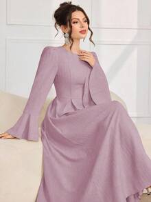 Al Najma Women's Solid Color Round Neck Flare Sleeve Elegant Arabic Style Dress - Lilac Purple - View 6