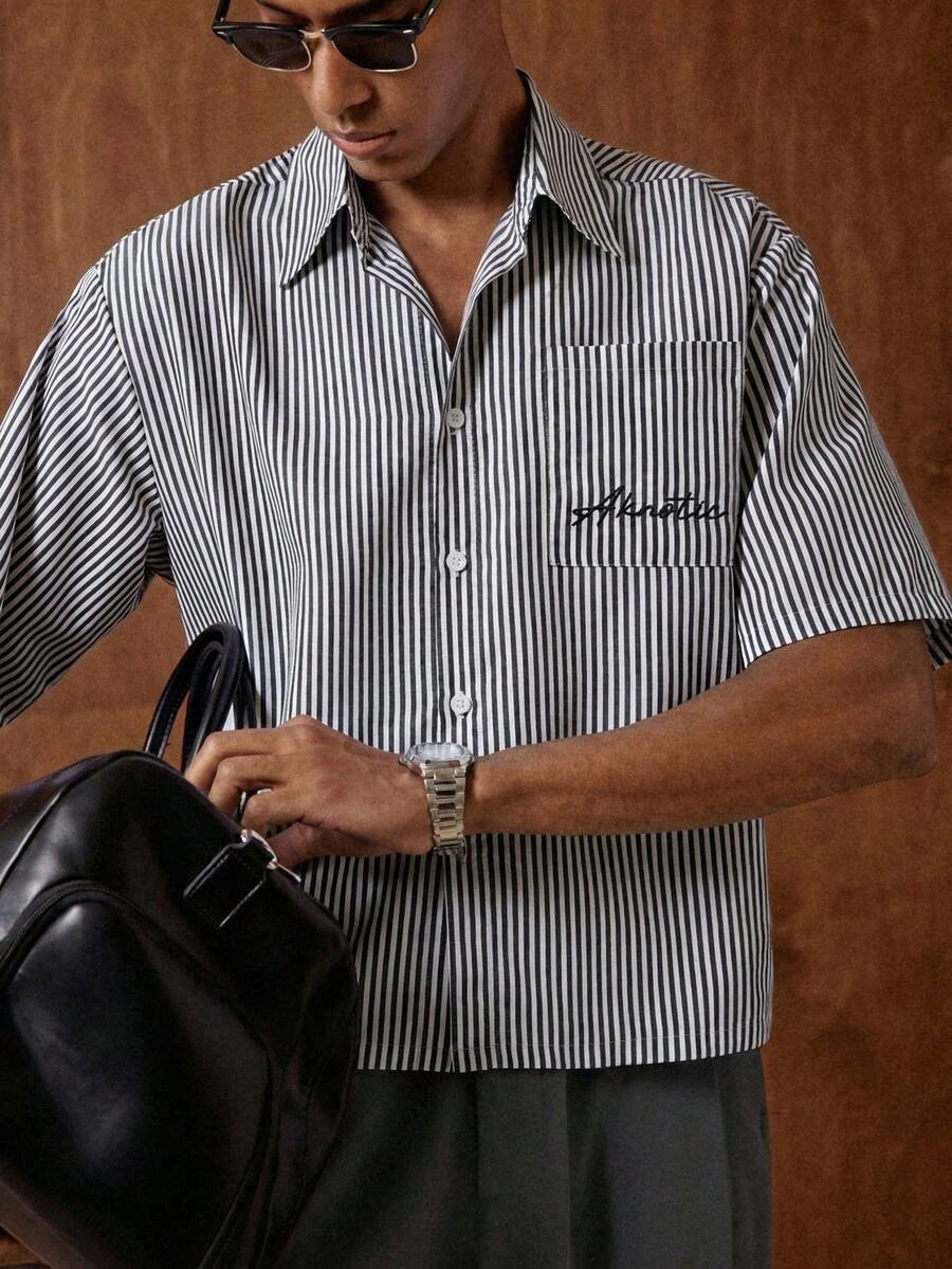 AKNOTIC Business Casual 男士条纹字母印花单排扣休闲百搭日常短袖衬衫