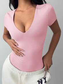 SHEIN BASICS Áo liền thân ngắn tay cổ chữ V màu trơn, kiểu dáng thường ngày, ôm sát người, dành cho nữ. - Hồng - Xem 5