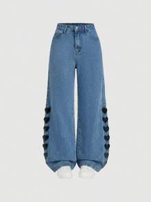 SHEIN MOD 女士休闲日常爱心刺绣斜插口袋阔腿牛仔裤 - 藍色 - 查看 3