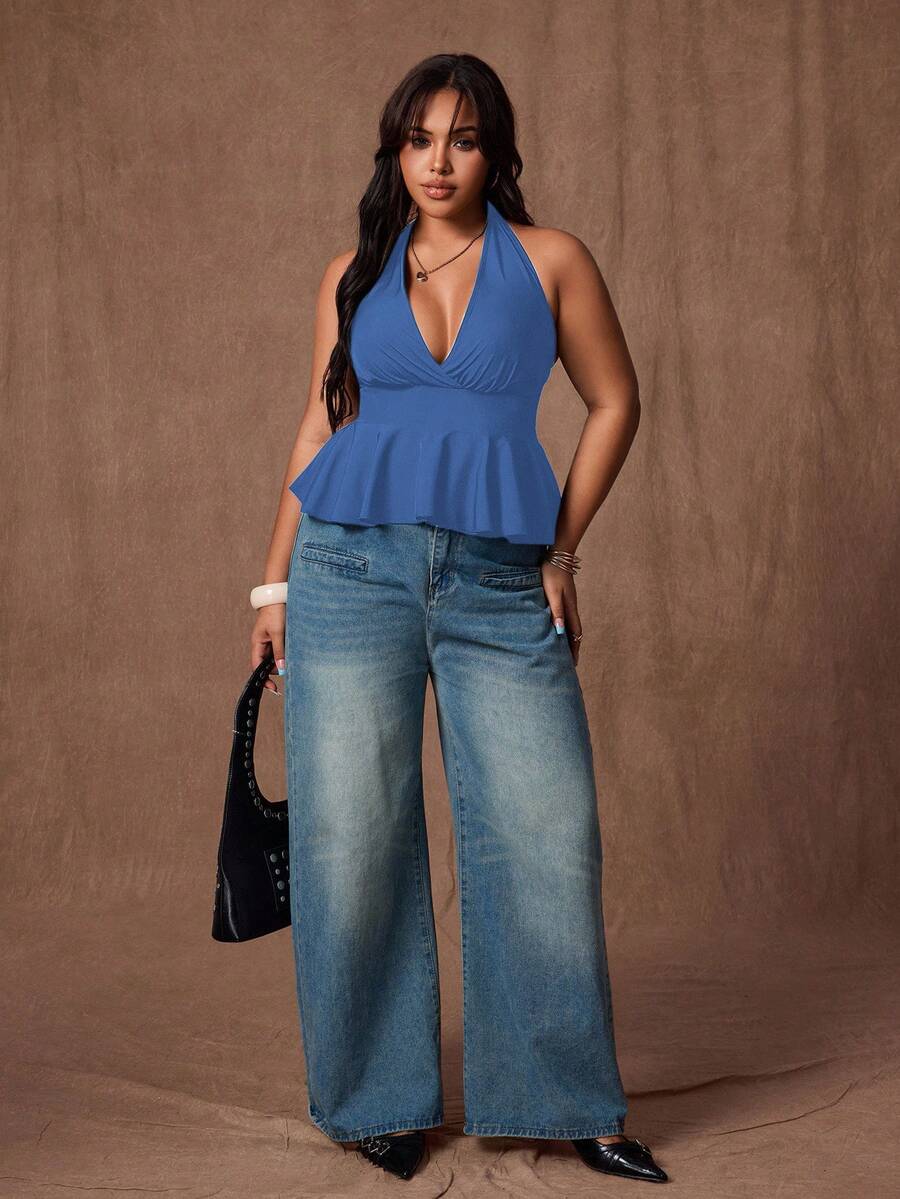Rustia Blusa casual versátil de unicolor con cuello halter y pliegues para mujeres de talla grande, ideal para citas y salidas - azul real - Ver 1