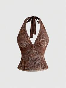 ROMWE Hippie Áo hai dây cổ yếm hở lưng in họa tiết hoa dâm bụt Y2K dành cho nữ, phong cách nghỉ dưỡng trên đảo. - màu nâu - Xem 1