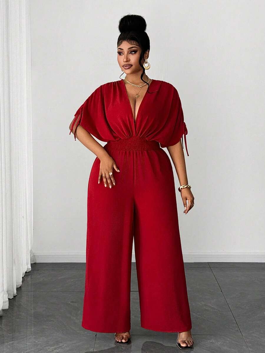 Maweii Bộ jumpsuit dáng rộng, thanh lịch, lãng mạn, cổ chữ V, thắt eo, dành cho nữ, cỡ lớn. - Đỏ - Xem 1