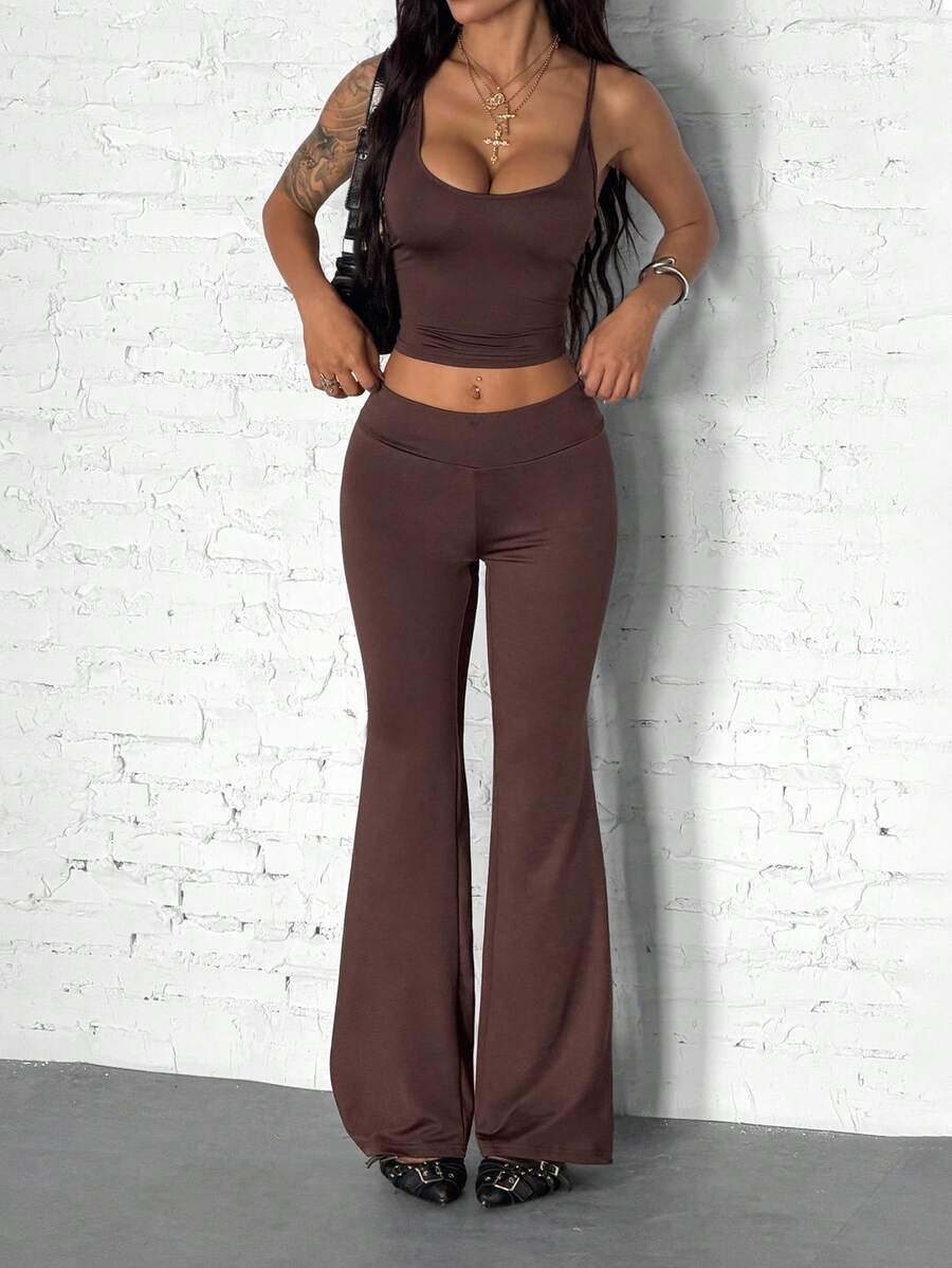 StreetHx 街头风女装纯色吊带背心和低腰裤两件套,春夏款 - 棕色 - 查看 1