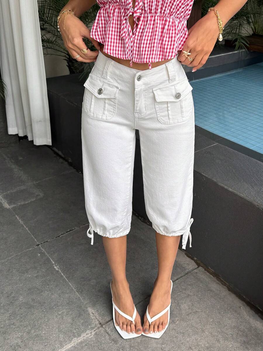 Sunnyshic 女士纽扣口袋扭褶休闲百搭日常牛仔裤 - 白色 - 查看 1