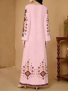 SHEIN Najma 花卉植物印花V领长袖连衣裙，优雅阿拉伯风格长款连衣裙，春夏款 - 彩色 - 查看 2