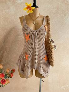 Soleia 女士V领镂空星形装饰不对称下摆罩衫 - 卡其色 - 查看 1