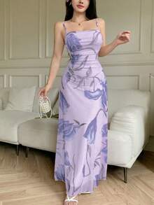 Modelyn 女士网纱印花吊带荷叶边腰身夏季休闲连衣裙 - 淡紫色 - 查看 7