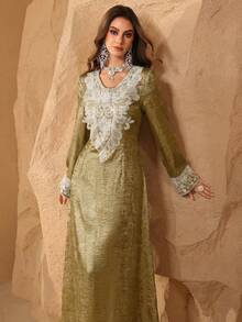 Al Najma New Arrival Turkish Robe With Gold Foil, Embroidery, Mesh Collar And Floral Lace Trim, Luxury Long Dress - Gold - View 4