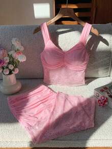 Modelyn 2pcs/Set Fashionable Elegant Rose Pink Lace Sexy Crop Top And Skirt Set, Spring/Summer Sexy Skirt Set Pink Skirt Set Skirt Two Piece Set Pink Two Piece - Pink - View 4